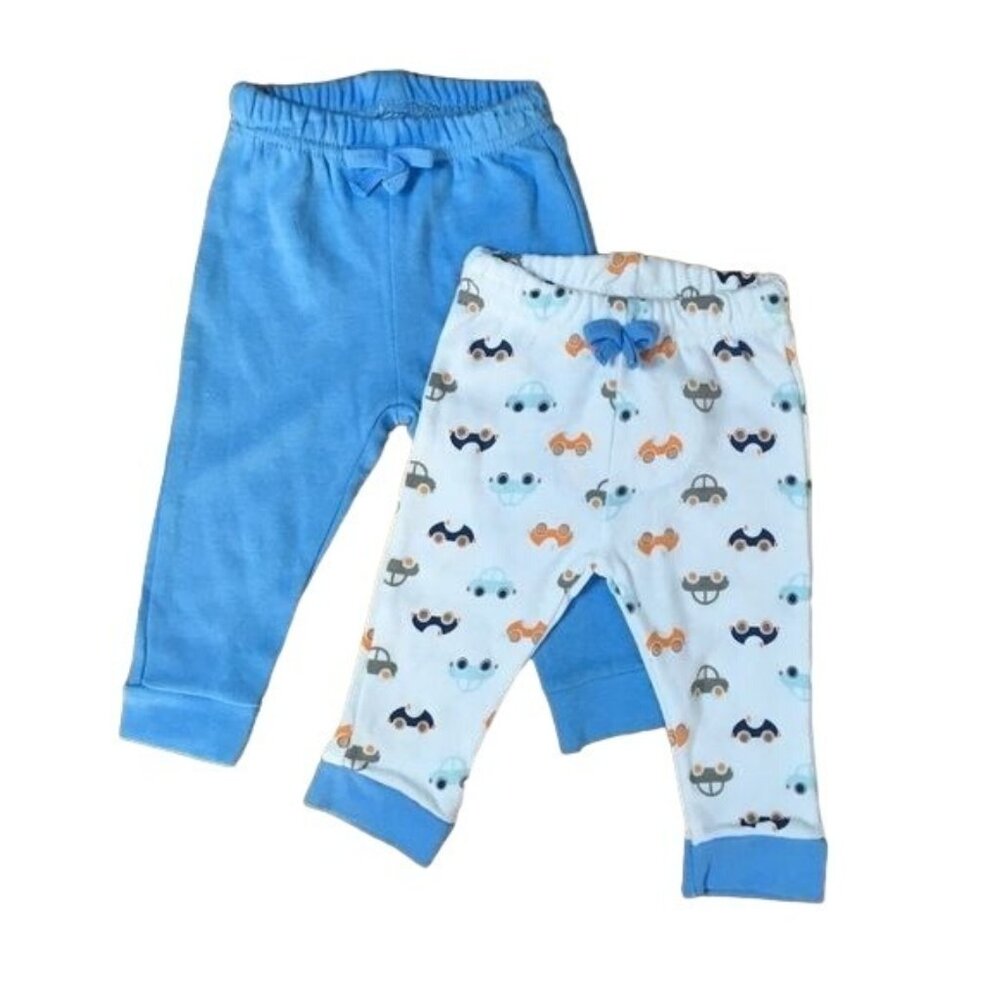 Sweet & Soft Baby Pants Set, Blue (Plain) and White (with Print), Size 0-3M